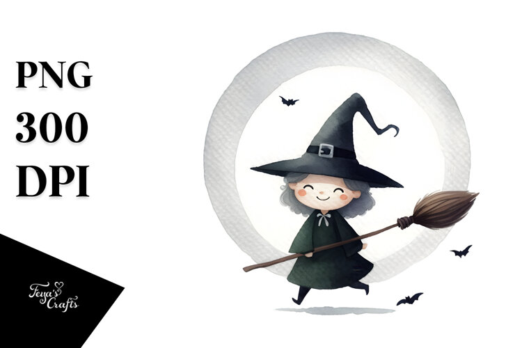 Funny Witch Watercolor Image, PNG example image 1