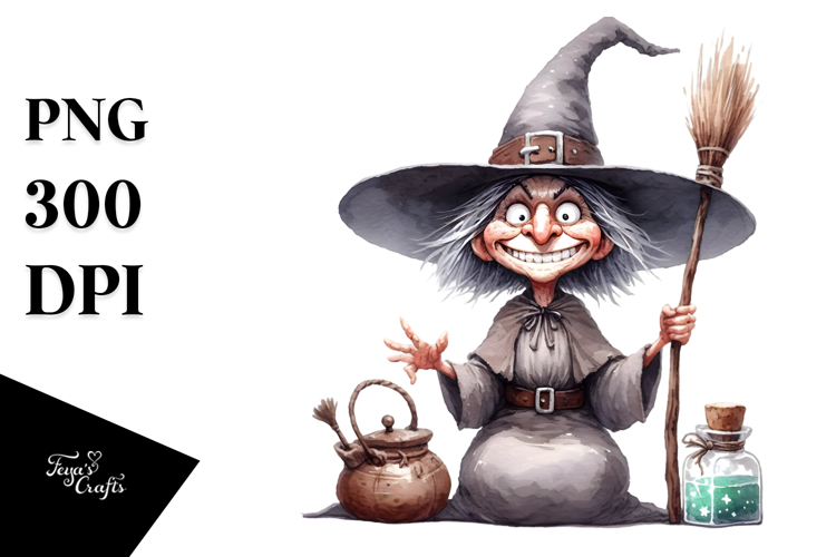 Funny Witch Watercolor Image, PNG