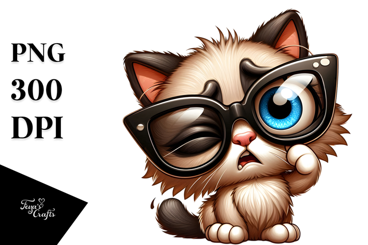 Silly Cartoon Kitten with Oversized Sunglasses PNG