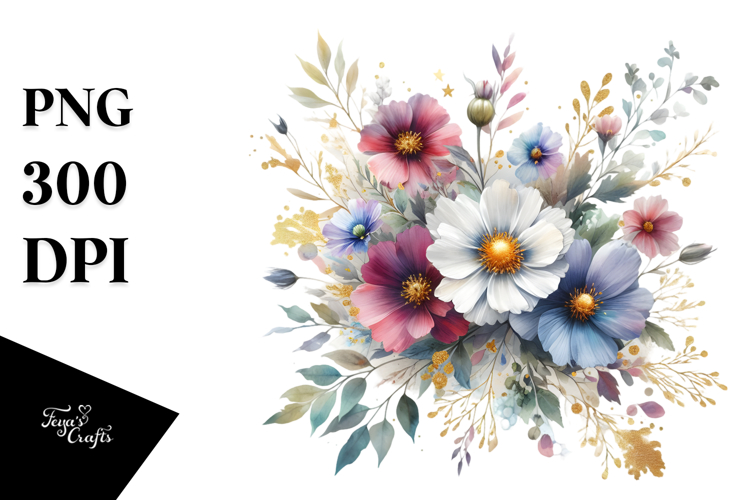 Abstract Wild Flowers with Gold Inserts, Watercolor PNG