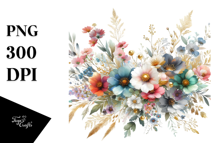 Abstract Wild Flowers with Gold Inserts, Watercolor PNG