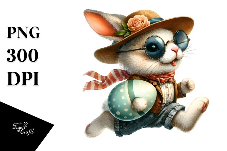 Goofy Bunny with Sunglasses Running with Eggs PNG