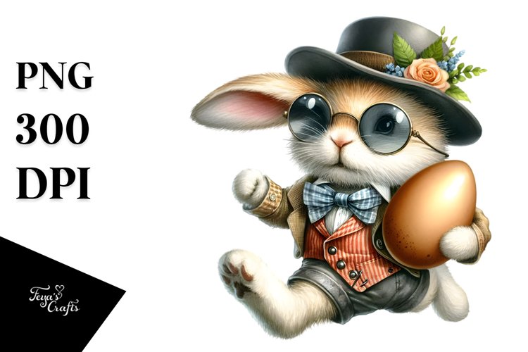 Goofy Bunny with Sunglasses Running with Eggs PNG
