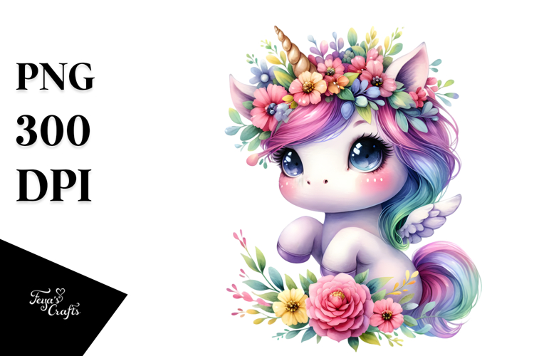 Cute Unicorn Playing with Floral Wreath PNG