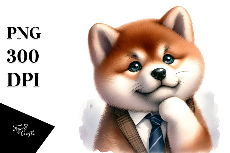 Baby Akita Watercolor Clipart, Thoughtful Tie