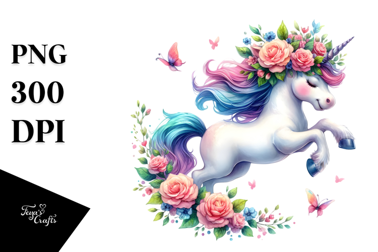 Jumping Unicorn with Floral Wreath, Bright PNG