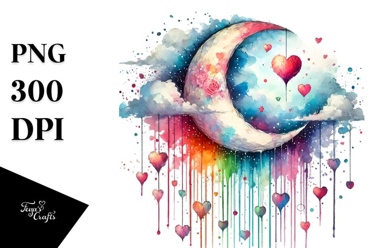 Moon with Adorning Hearts PNG