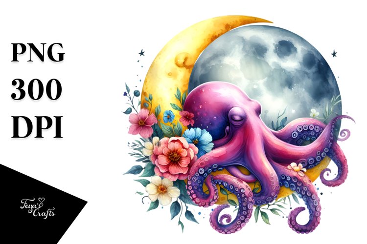 Vibrant Moonlight Octopus Clipart