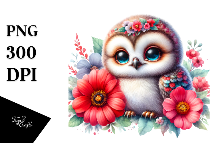 Cute Baby Owl with Red Flowers | Sublimation | Clipart