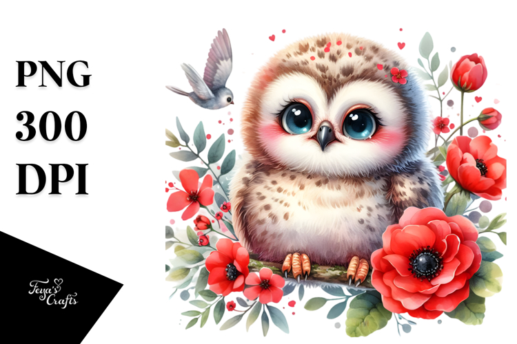 Cute Baby Owl with Red Flowers | Sublimation | Clipart