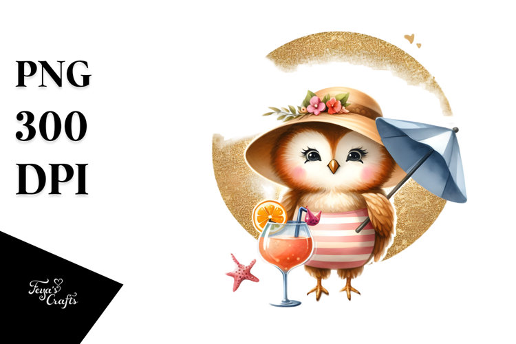 Beach-Ready Kitten with Cocktail, Golden PNG
