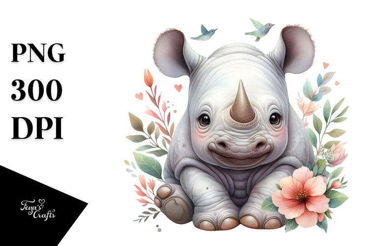 Energetic Baby Rhino Watercolor PNG