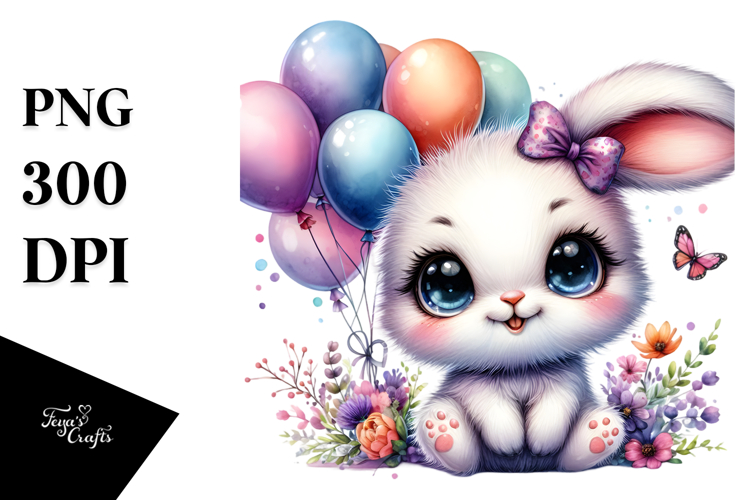 Vibrant Baby Bunny with Balloons PNG