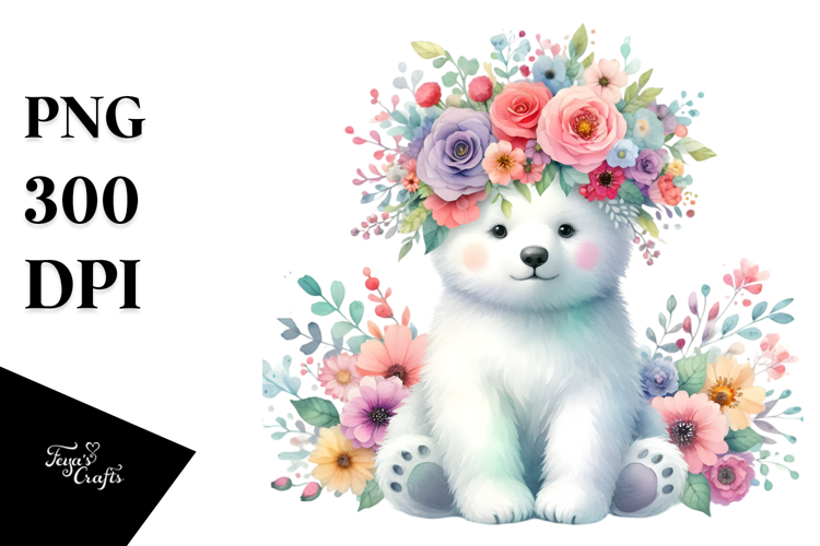 Polar Bear Sitting Flower Crown Watercolor Clipart