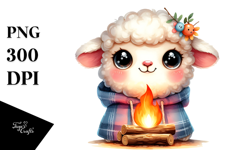Vibrant Baby Lamb with Campfire PNG