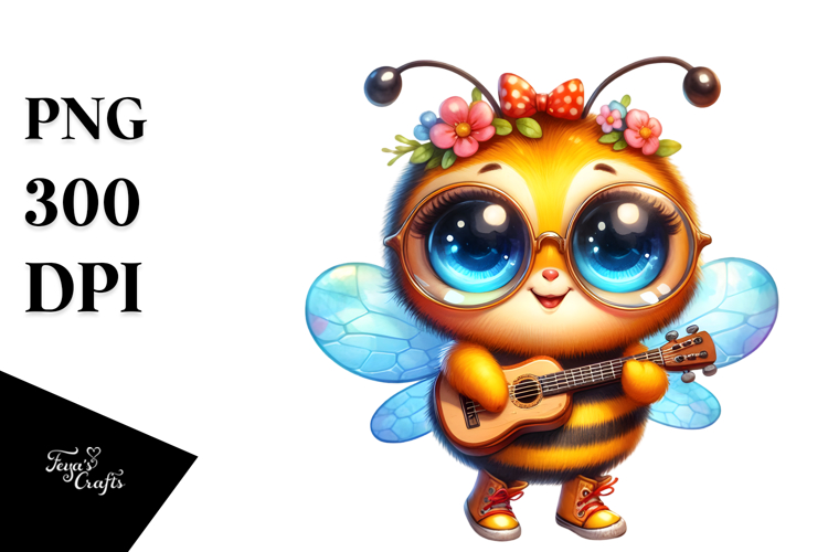 Vibrant Baby Bee with Guitar PNG