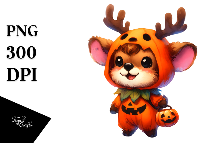 Cute Baby Elk with Pumpkin, Watercolor PNG