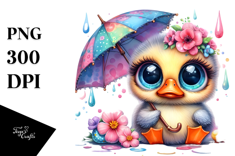 Vibrant Baby Duck with Umbrella, PNG