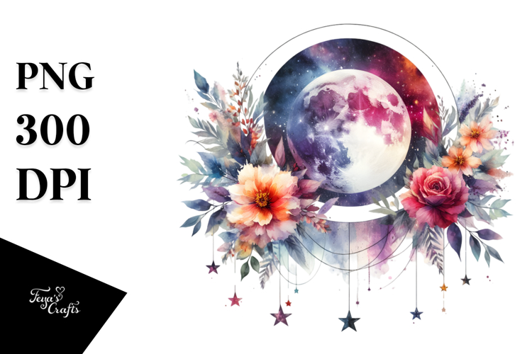 Abstract Moon with Flowers and Stars | Clipart
