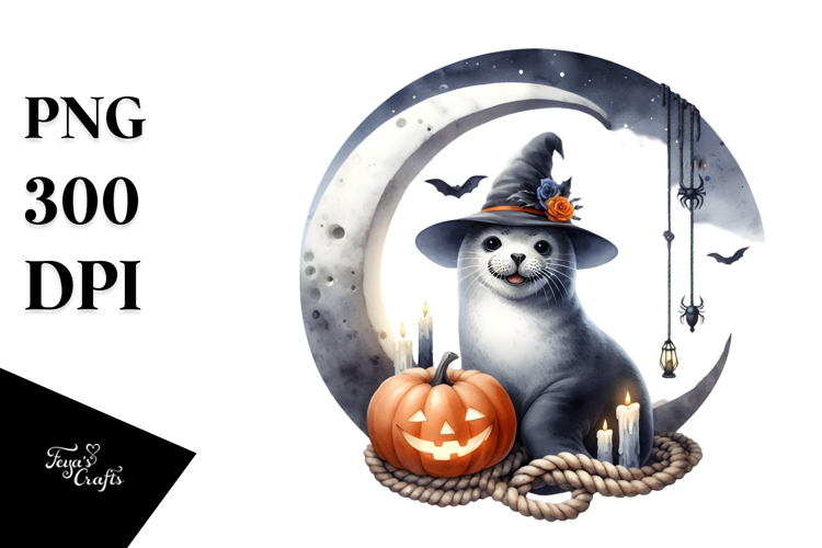 Seal Dressed for Halloween, Watercolor PNG