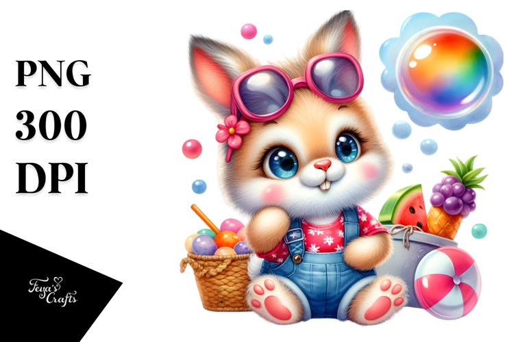 Vibrant Watercolor Goofy Cute Baby Bunny PNG