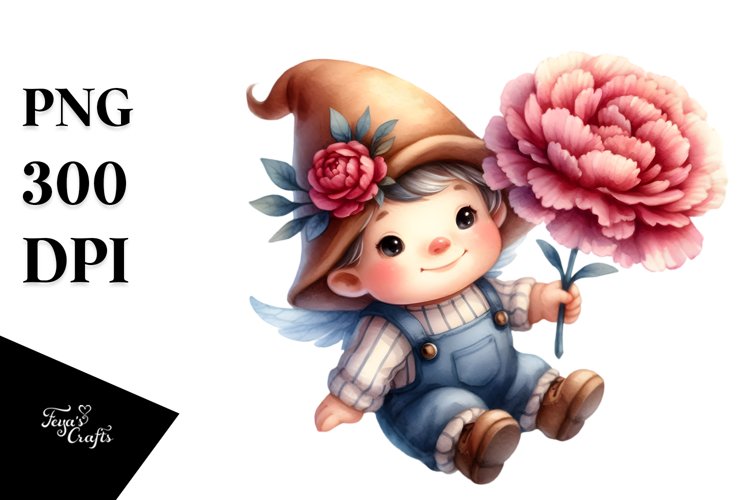 Gnome with Large Carnation, Cute PNG