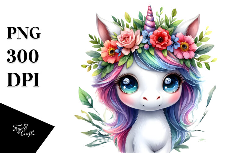 Cute Unicorn with Floral Wreath, Watercolor example image 1