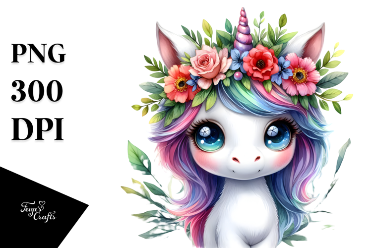 Cute Unicorn with Floral Wreath, Watercolor