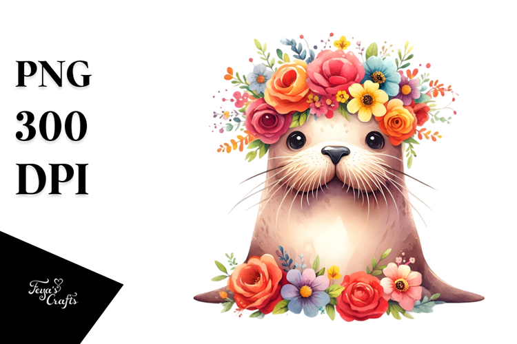 Cute Walrus Sitting with Flower Crown | Clipart