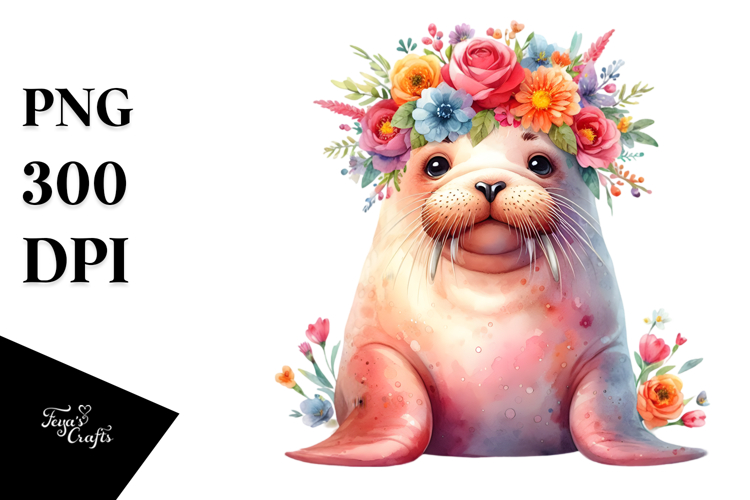 Cute Walrus Sitting with Flower Crown | Clipart
