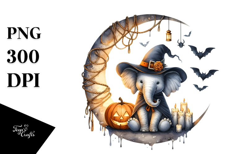 Elephant on Halloween Moon with Candles PNG