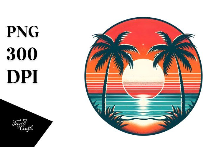 Retro Tropical Beach Sunset, Clipart, PNG