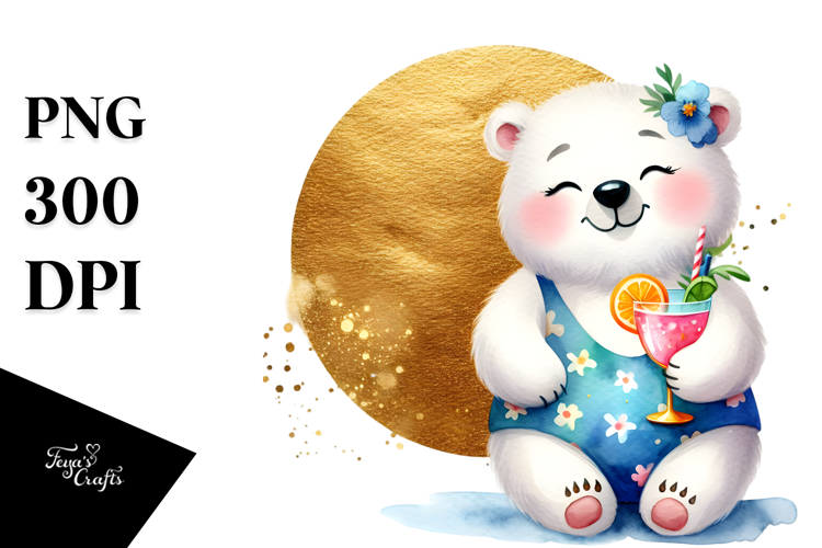 Cute Polar Bear in Beachwear Drinking Cocktail JPEG
