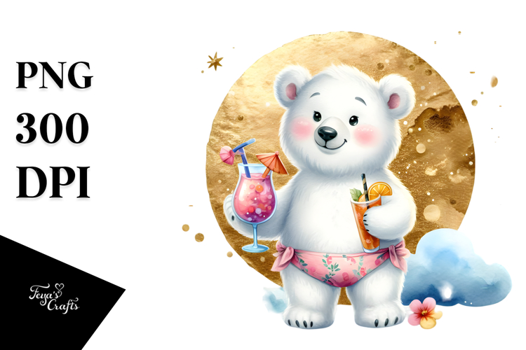Polar Bear in Beachwear Drinking a Cocktail, Transparent PNG