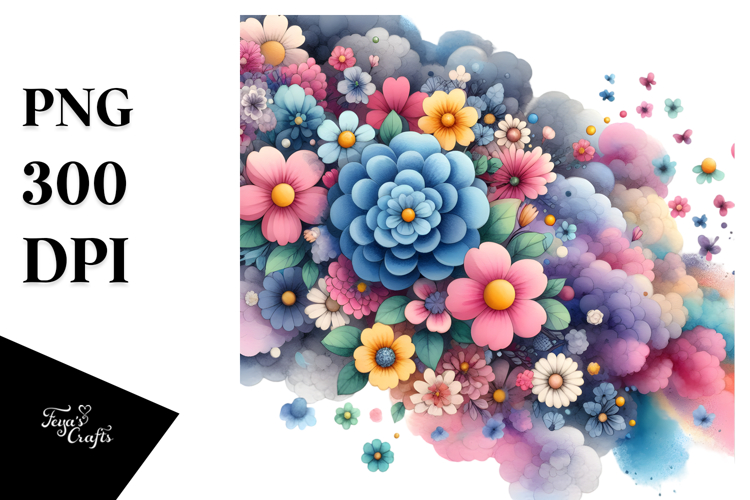 Colorful Flower with Splashes, PNG