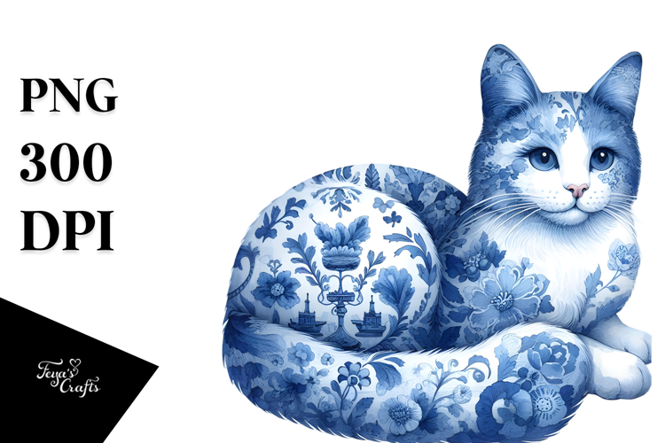 Blue Toile Cat, Fluffy PNG