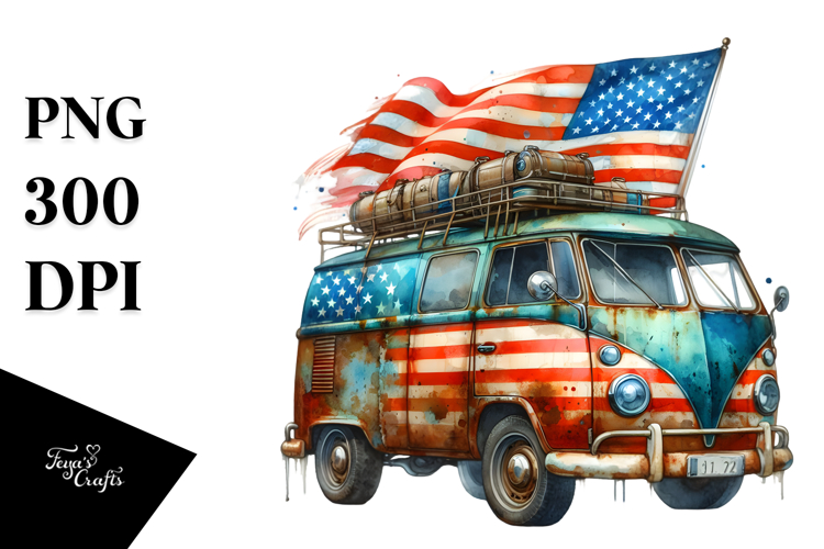 Vintage Rusty Van with USA Flag Colors PNG