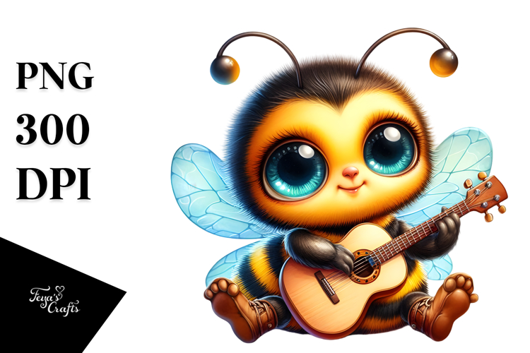 Vibrant Baby Bee with Tiny Guitar PNG
