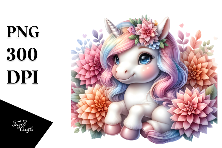 Cute Baby Unicorn with Dahlia Frame