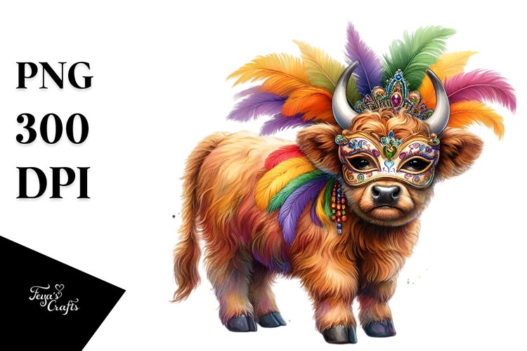 Colorful Baby Highland Cow with Rio Carnival, Transparent
