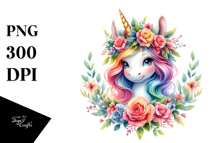 Cute Unicorn with Floral Wreath PNG