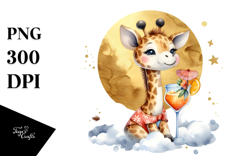 Cute Giraffe in Beachwear Drinking Cocktail