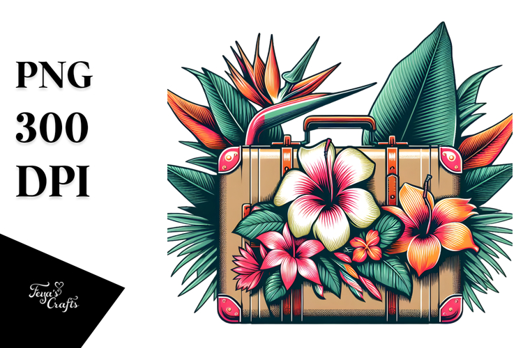 Retro Tropical Flower Suitcase, Clipart PNG