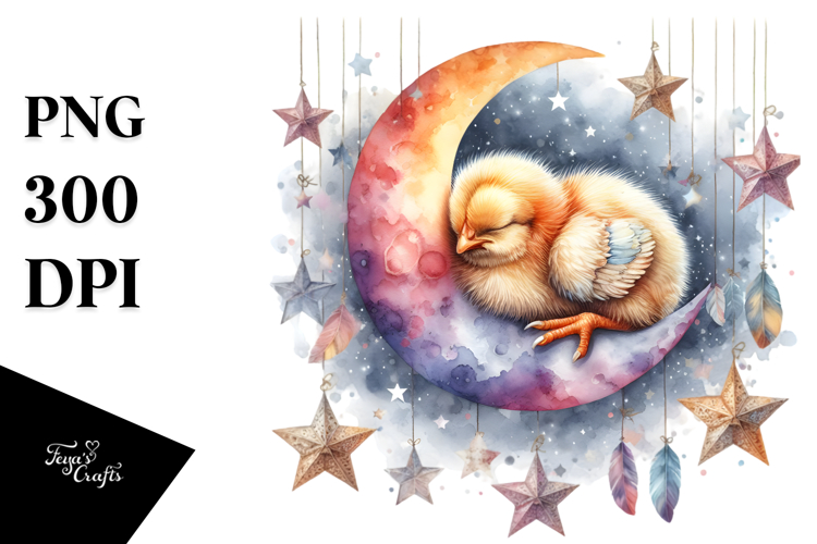 Baby Chicken Sleeping on Moon with Stars | Clipart