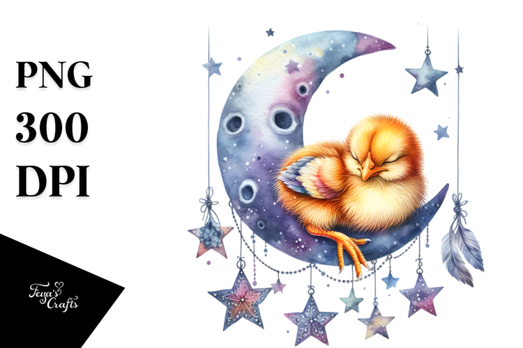 Baby Chicken Sleeping on Moon with Stars | Clipart