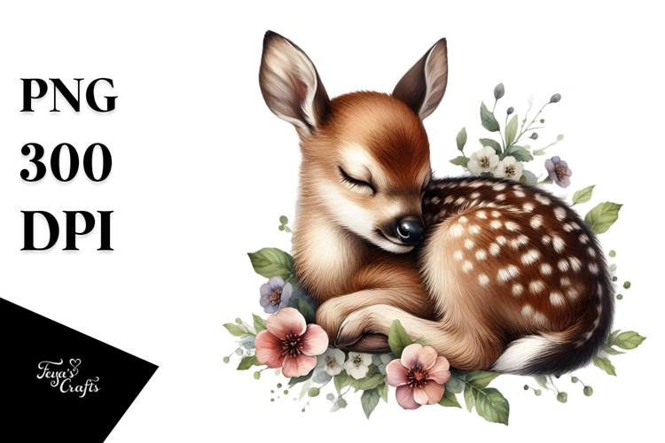 Digital Watercolor Baby Deer on Flower