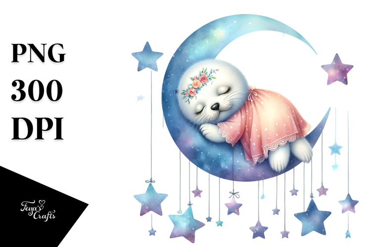 Whimsical Baby Seal on Moon with Stars | Clipart