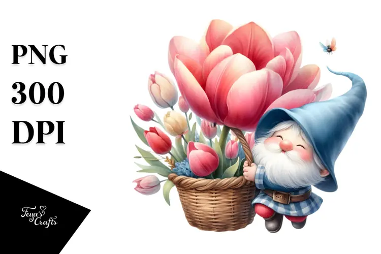Gnome with Large Tulip, Cute PNG