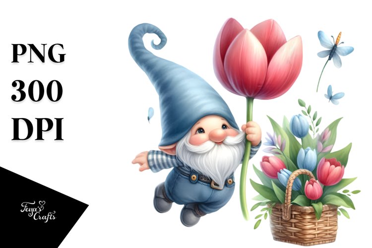 Gnome with Large Tulip, Cute PNG example image 1