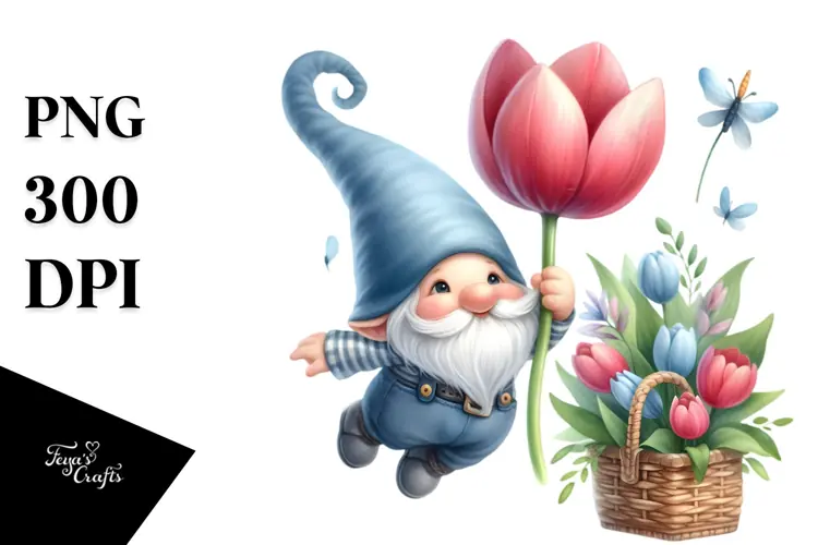 Gnome with Large Tulip, Cute PNG